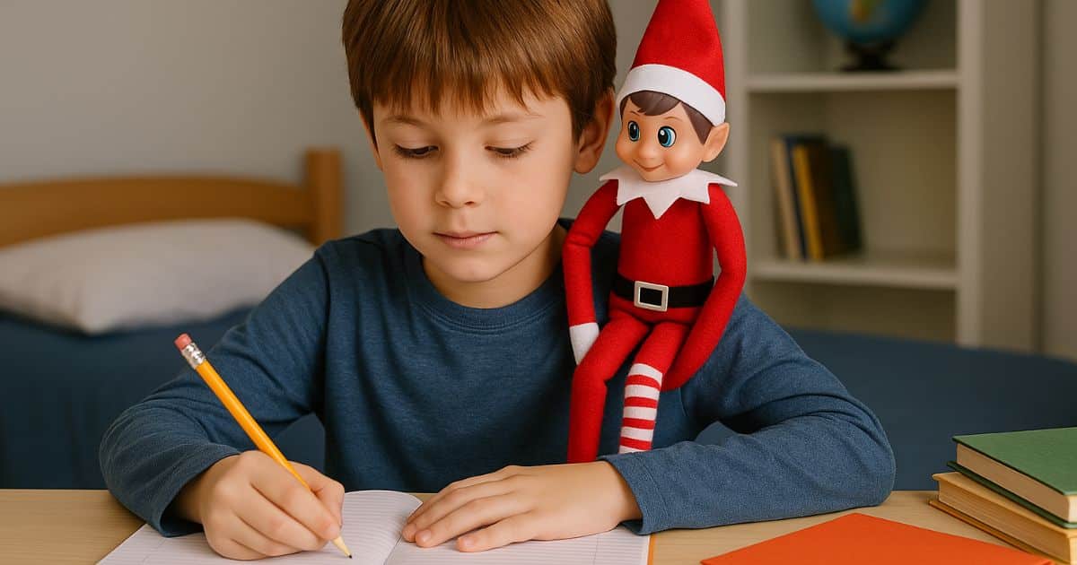 enfant en CM1 qui fait ses devoirs avec le lutin farceur