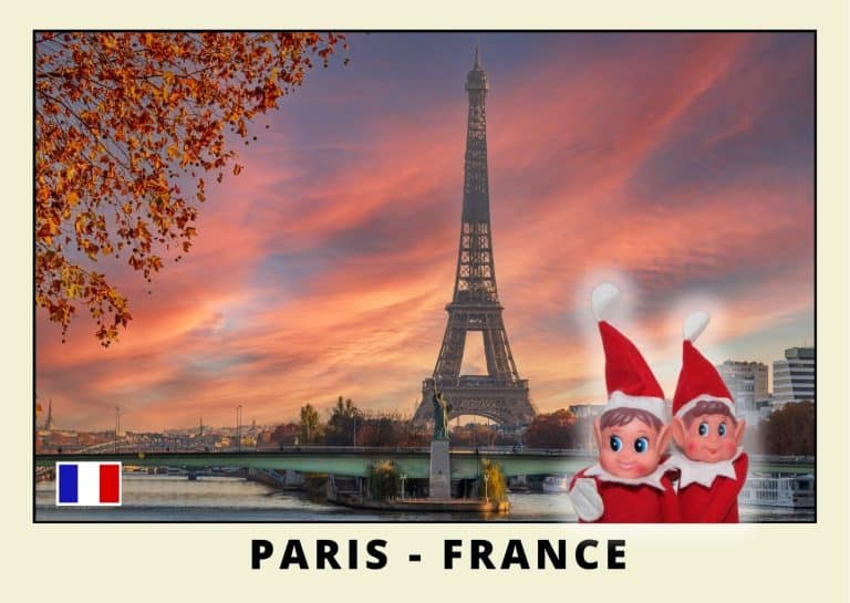 Imprimer la carte postale des 2 lutins farceurs rouges a Paris coucher de soleil