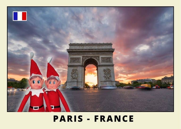 Imprimer la carte postale des 2 lutins farceurs rouges a Paris Arc de triomphe