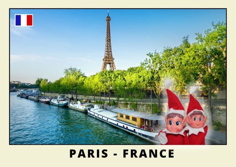 Imprimer la carte postale des 2 lutins farceurs rouges a Paris bord de seine