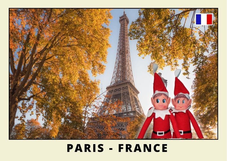 Imprimer la carte postale des 2 lutins farceurs rouges a Paris au pied de la tour eiffel