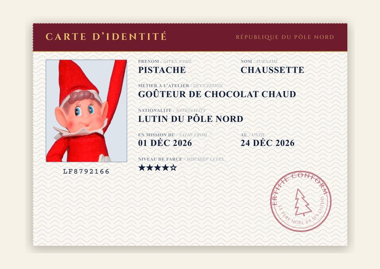 Carte d’identité du lutin farceur remplie, avec sa photo