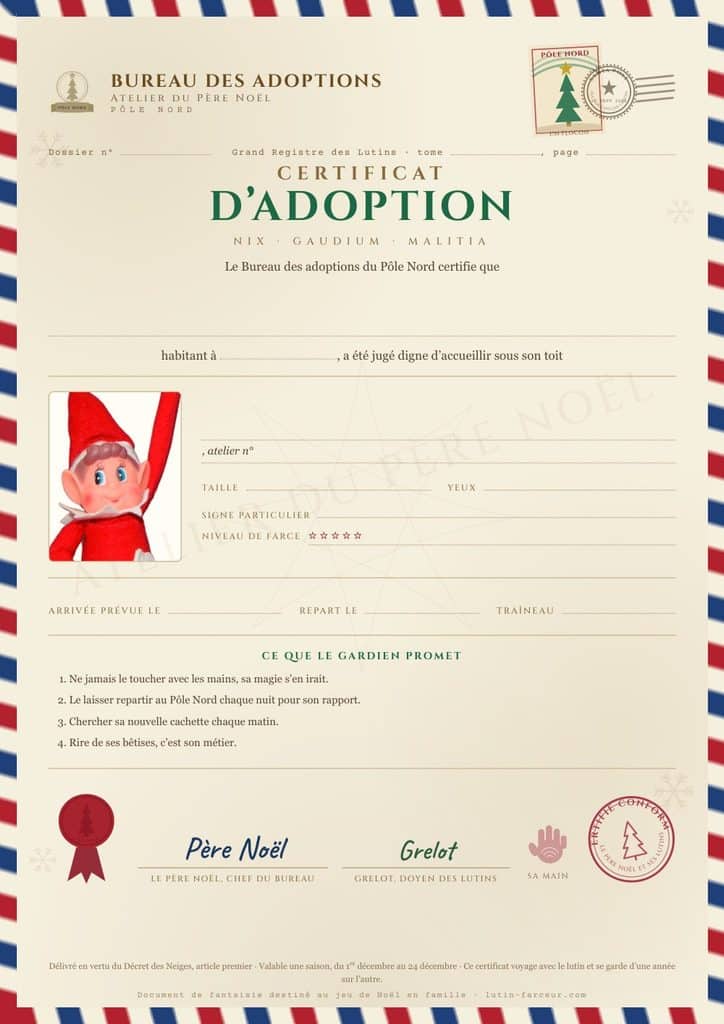 Certificat d'adoption de lutin farceur vierge à imprimer, avec la photo d'un lutin rouge