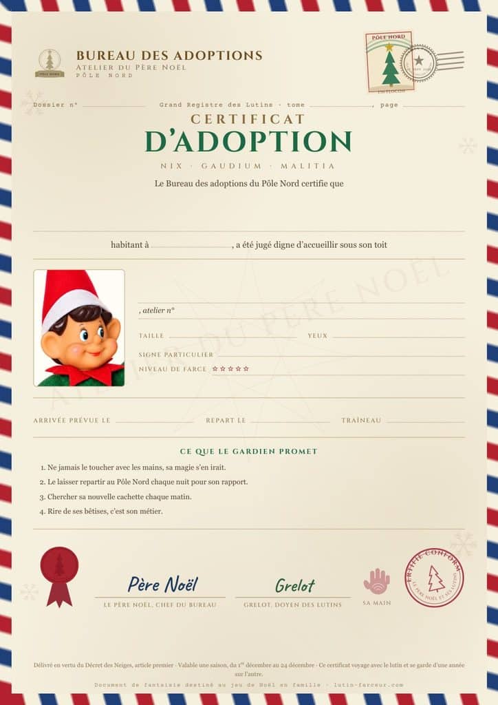 Certificat d'adoption de lutin vert vierge, document du bureau du Père Noël à compléter à la main