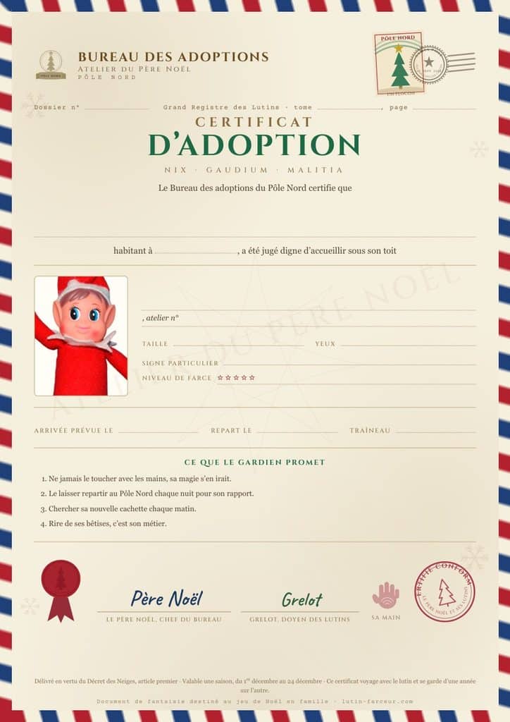 Certificat d'adoption vierge pour une lutine rouge, à imprimer et à remplir au stylo