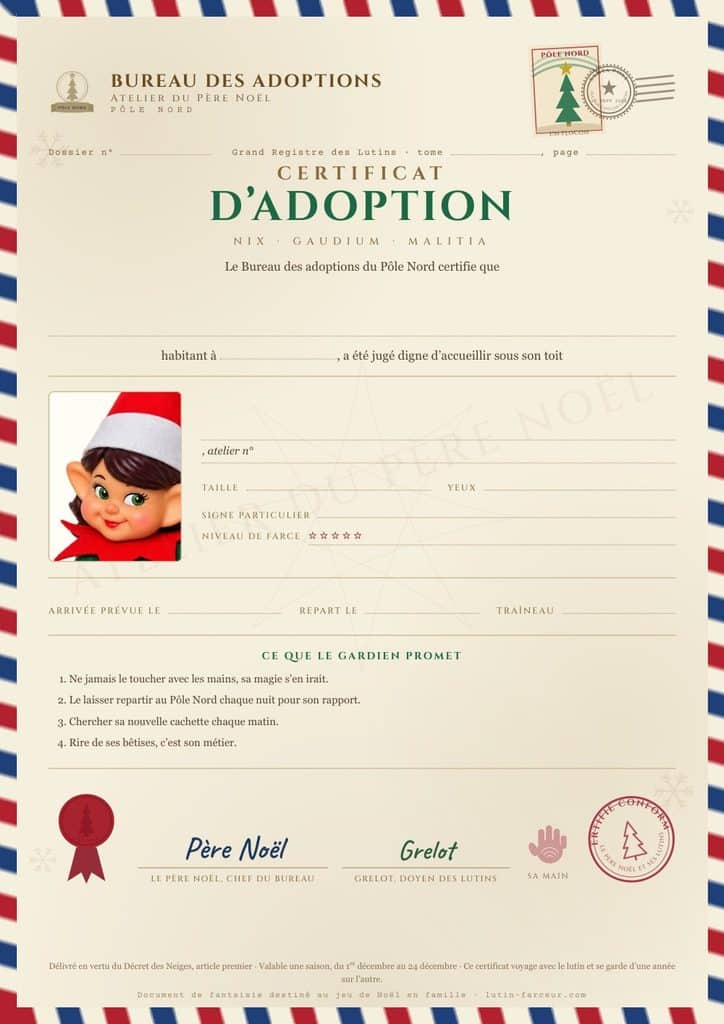 Certificat d'adoption vierge d'une lutine verte, à imprimer sur une feuille A4 et à remplir