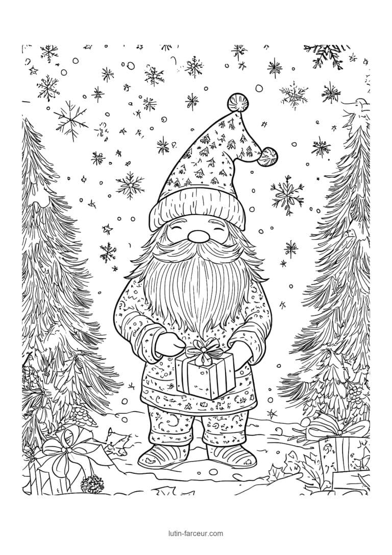 coloriage-gnome-gnome-cadeau-foret-flocons