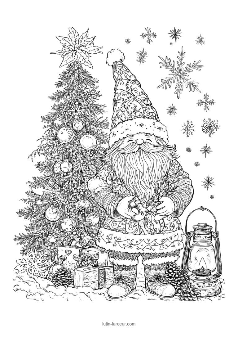 coloriage-gnome-gnome-cote-grand-sapin-lanterne