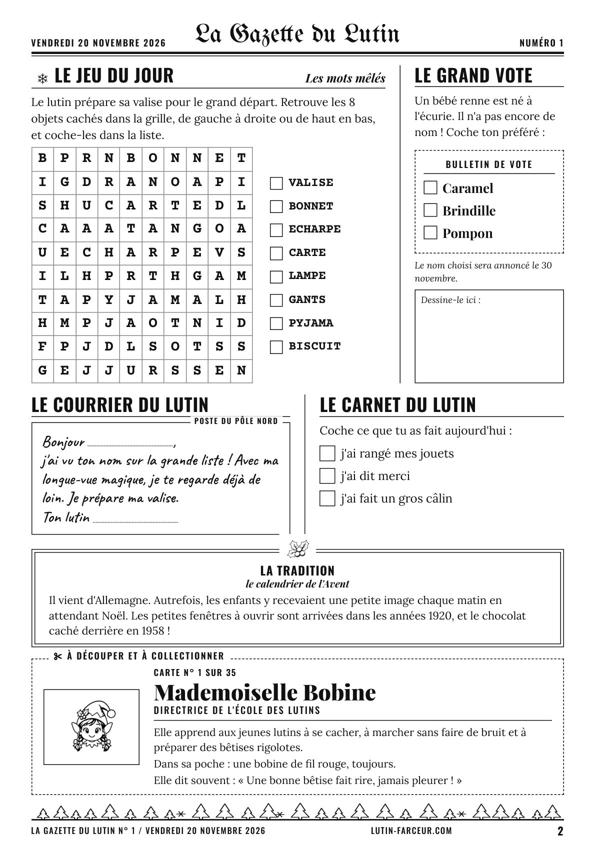 Deuxième page de La Gazette du Lutin du 20 novembre : mots mêlés, grand vote, courrier et carnet du lutin, tradition et carte à collectionner