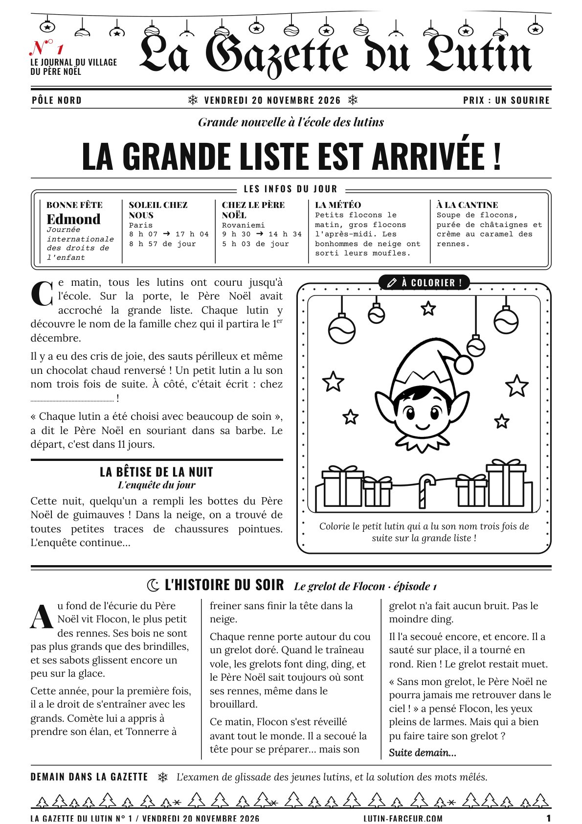 Première page de La Gazette du Lutin du 20 novembre : la une, les infos du jour, un coloriage et l'histoire du soir