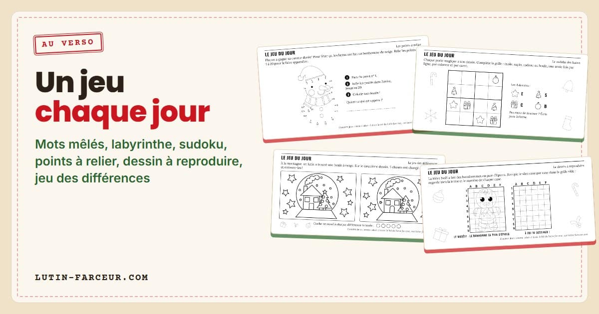 Jeux du verso de la Gazette du Lutin à imprimer : points à relier, sudoku de dessins, jeu des différences et dessin à reproduire